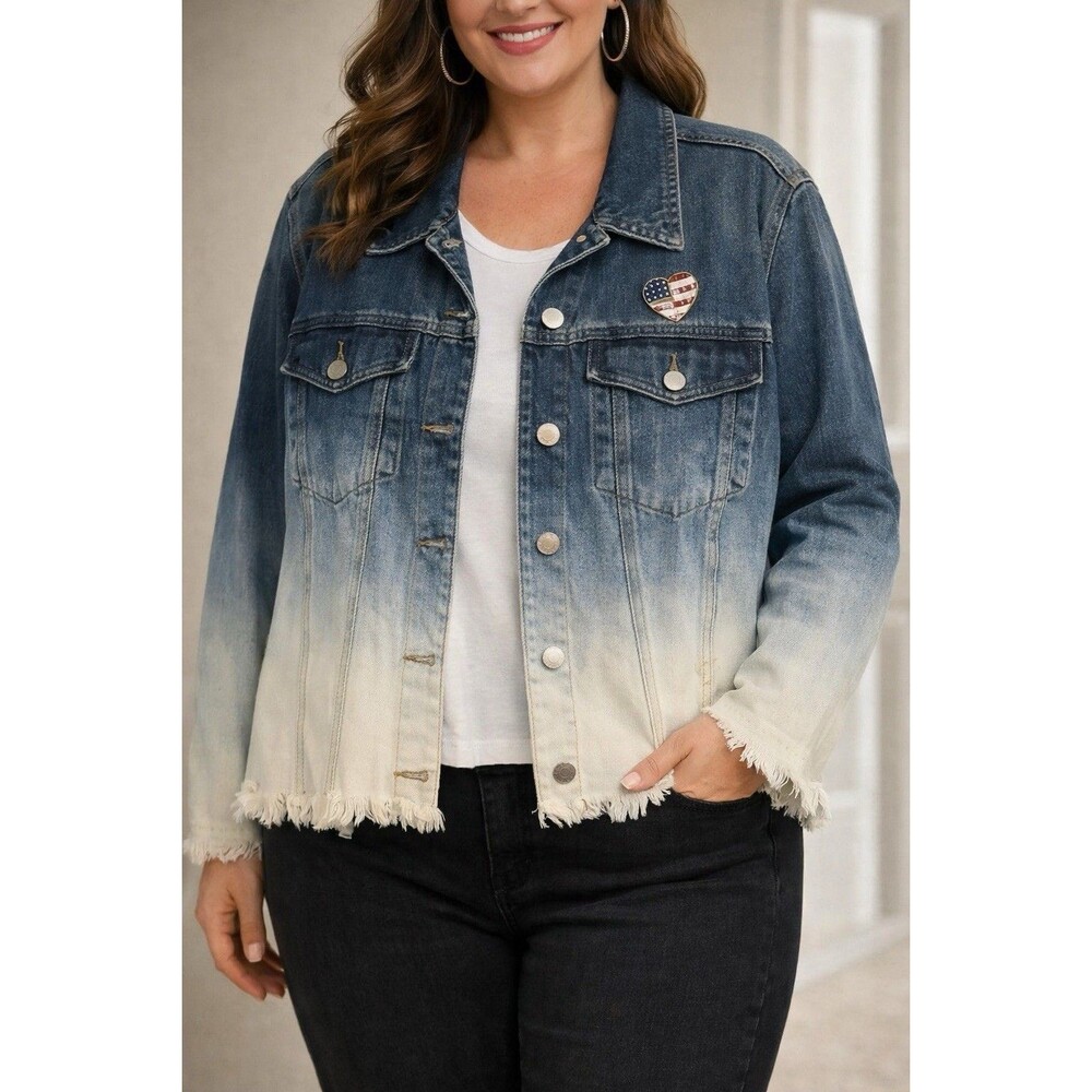 Denim Jacket Size 22 Ombre Distressed Fringe Hem Country Cottagecore